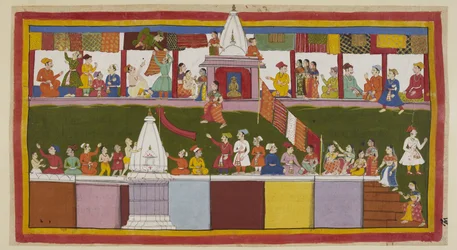 Add 15296 (1) f.16r, In de hoofdstraat van de stad Ayodhya versieren de opgewonden kooplieden hun winkels met hun mooiste brokaten, terwijl mensen op de daken van de huizen en over de tempels klimmen om het beste uitzicht op de kroningsprocessie te krijgen