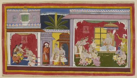 Add 15296 (1) f.2r, In de troonzaal van Ayodhya (rechts), Koning Dasaratha zit met zijn vier zonen, zijn minister Sumantra en zijn hoofdpriester Vasistha. Yudhājit, de broer van koningin Kaikeyi en de oom van Bharata, is gekomen om Bharata te bezoeken