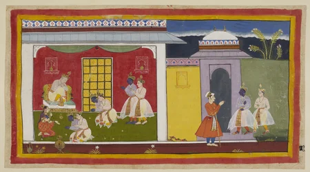 Rama en Laksmana rechts, met Rama nu gekleed in hedendaagse hofkleding, naderen de poort van Kaikeyi