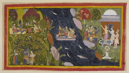 Add 15296 (1) f.69r, Bharadvāja, rechts in zijn hermitage, adviseert de reizigers over de weg naar Citrakuta. In het midden steken ze de Yamuna over op een geïmproviseerd vlot, met Sita die opnieuw bidt tot de godin van de rivier voor een veilige terugkee