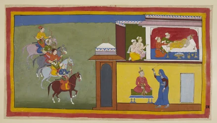 Add 15296 (1) f.83r, De vier boodschappers te paard naderen de stad Kekaya, terwijl bedienden proberen Bharata wakker te maken, die verontrustende dromen over zijn vader heeft gehad. In een van hen, hieronder getoond, zit de koning eenvoudig gekleed op een