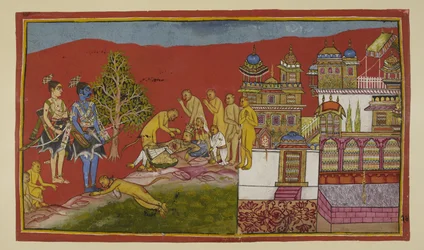 Buiten het paleis ligt Bali stervend. Tara en hun zoon Angada zijn uit het paleis gekomen om hem te bewenen, terwijl Hanuman en de andere apen hen troosten. Bali komt bij uit zijn flauwte om Sugriva te vertellen dat hij zijn koninkrijk aan hem nalaat.