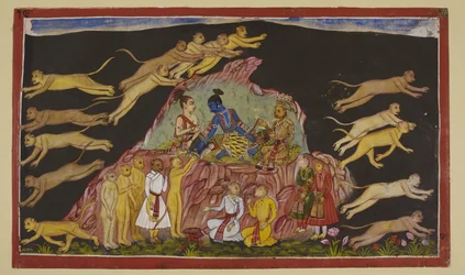 Add 15296 (2) f.49r, Rama, Laksmana en Sugriva zitten op een rotsachtige hoogte. Sugriva verdeelt zijn enorme strijdmacht in vieren en stuurt de troepen eropuit om in de vier windstreken naar Sita te zoeken. Aan elke troepenleider beschrijft hij het