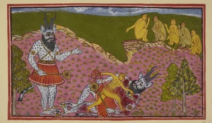 De apen die naar het zuiden gingen, waaronder Hanuman en Angada, komen een enorme asura (demon) tegen, blauw en schubbig, met hoorns en een knots. Denkend dat hij Ravana is, slaat Angada hem tegen de grond en haalt zijn ingewanden eruit, terwijl de andere 