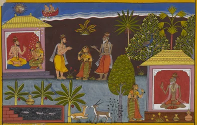 Bharadvāja geeft zijn dochter aan Viśravas, die vader wordt van Vaiśravaṇa