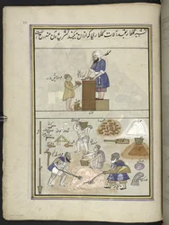 Metselaars, 86 tekeningen gebonden in een boekdeel met ambachten en beroepen in Kasjmir, ambachtslieden aan het werk met hun gereedschap en uitrusting, door een Kasjmirse kunstenaar, waarschijnlijk in Srinagar, ca. 1850-60