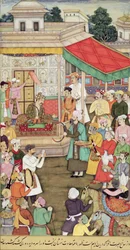 Akbar (r.1556-1605) ontvangt geschenken van de ambassadeurs van Badakhshan, uit de Akbarnama, ca. 1605