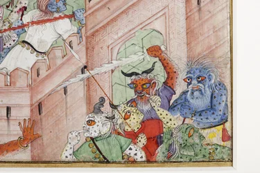 (detail) Krishna splijt de demon Narakasura met zijn discus, c.1585-90