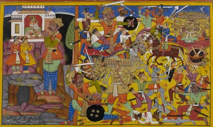 Dhanada stuurt Manibhadra ten strijde tegen Rāvaṇa, die hevig vecht.
