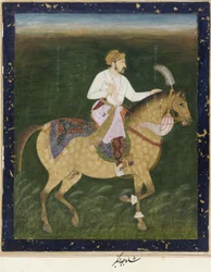 Ruiterportret van Jahangir, los album folio met schilderij, ca. 1900