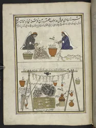 Vishandelaren, vrouwen die vis schoonmaken; man die vis droogt, 86 tekeningen gebonden in een volume met afbeeldingen van beroepen en ambachten in Kasjmir, ambachtslieden worden getoond aan het werk met hun gereedschap en uitrusting, door een Kasjmir-kunst