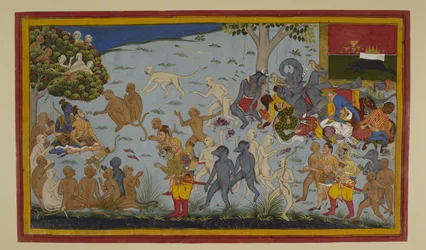 Hanumān en Vibhīṣaṇa brengen de gewonde Lakṣmaṇa naar Rāma, die hem geneest