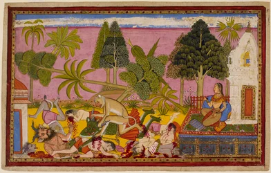 Hanumān valt de demonen aan, vernietigt de lusttuin en verslaat Rāvaṇa