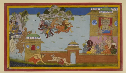 Hanumān weert demonen af; Rāma en Rāvaṇa kijken toe