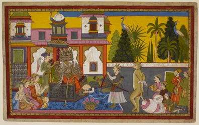 Hanumān wordt gevangen genomen door Rāvaṇa, vernederd, maar ontsnapt en steekt de stad in brand met zijn vlammende staart. 1653 (miniatuur)
