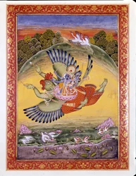 Hindoeïsme: voorstelling van de vogel Garuda die Vishnu draagt, een grote hindoeïstische godheid, en zijn vrouw Lakhmi