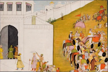 Illustratie bij de Ramayana: Rama betreedt Mithila om een boogschietwedstrijd te houden, c.1775-80