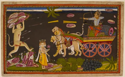 Indrajit vecht tegen Hanumān, die zich gevangen laat nemen om Rāvaṇa te ontmoeten, vertrouwend op de bescherming van de goden. 1653 (miniatuur)