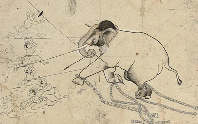 Isarda of kotah voorbereidende tekening van het temmen van een olifant, ca. 1720