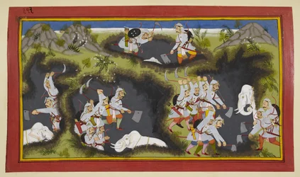 De zonen van koning Sagara graven in de aarde en vinden vier dragende olifanten