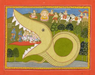 Krishna en de herders betreden de mond van Agasura