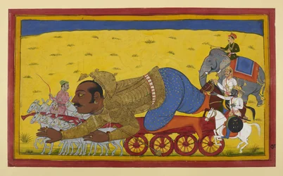 Kumbhakarṇa valt van zijn strijdwagen te midden van voortekenen