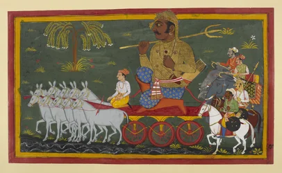 Kumbhakarṇa rijdt de strijd in gekleed in een gouden harnas