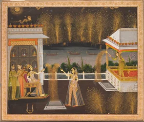 Dames vieren Diwali, ca. 1760 (dekkende aquarel  goud op papier)