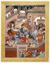 Geleid door Songhur Balkhi en Lulu de Spion, de Ayyars snijden de kelen van gevangenisbewakers door en bevrijden Said Farrukh-Nizhad, 1557 - 1572