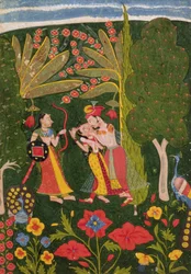 Geliefden die elkaar omhelzen in een bos, Bundi, ca. 1650