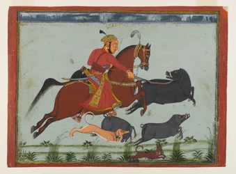 Maharaja Pratap Singh II van Mewar op Zwijnenjacht