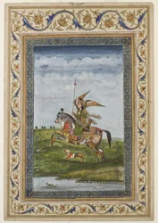 Miniatuur met een scène van een gevleugeld figuur op een paard, waarschijnlijk Delhi school, Mughal, Indiaas, vroege 19e eeuw