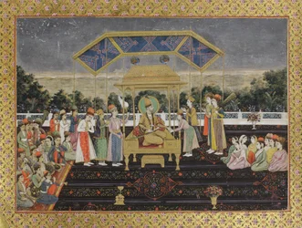 Nadir Shah op de pauwentroon na zijn nederlaag van Muhammad Shah, ca. 1850