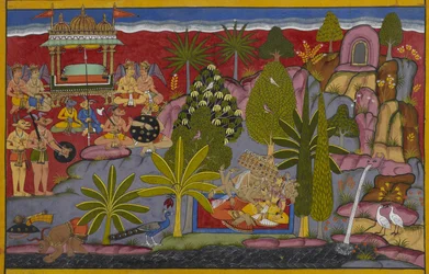 Op de berg Kailasa valt Rāvaṇa Rambha aan ondanks haar smeekbeden