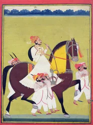 Portret van Kumbhawat Kesari Singh van Asop, rijdend op een paard, een waterpijp rokend en vergezeld door bedienden, Jodhpur, c.1810-20