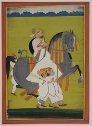 Portret van Thakur Surtan Singh van Nimbaj, te paard met begeleiders te voet