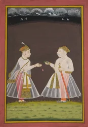 Waarschijnlijk een portret van Rana Raj Singh van Udaipur (1661-81) die pan aanbiedt aan een edelman