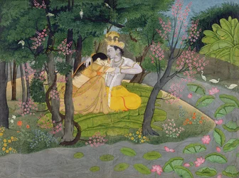 Radha en Krishna omarmen elkaar in een bos van bloeiende bomen, c.1780