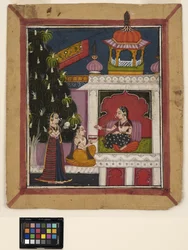 ? Raga: Een knielende man biedt een boek aan een dame in een paviljoen, ca. 1800