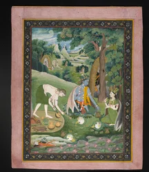 Rama, Lakshmana en Sita koken en eten in de Wildernis, c.1820