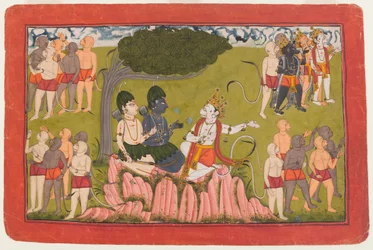Rama en Lakshmana overleggen met Sugriva over de zoektocht naar Sita, folio uit een verspreide Ramayana-serie