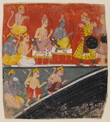 Rama en Lakshmana ontvangen gezanten, pagina uit een verspreide Ramayana serie, c.1634