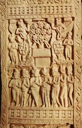 Reliëf dat de aanbidding van Boeddha door een boom uitbeeldt, Late Mauryan Periode, Sunga Dynastie