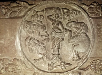 Reliëf dat de droom van Maya uitbeeldt, uit een boeddhistische stupa uit Bharhut, Madhya Pradesh, Late Mauryan Periode, Sunga Dynastie