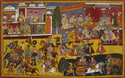 Rāma omhelst Bharata, en zijn onderdanen vragen hem te vergezellen