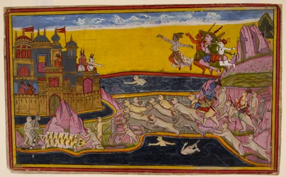 Rāma, met de hulp van de aap ingenieur Nala, bouwt een brug over de zee naar Laṅkā, zodat de apen en demonen kunnen oversteken, c.1653 (miniatuur)