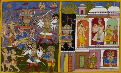Rāvaṇa wordt verslagen en gevangen genomen door Arjuna, daarna vrijgelaten op verzoek van Poulastya.