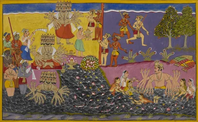 Rāvaṇa aanbidt de linga bij de Narmada terwijl koning Arjuna in de buurt baadt