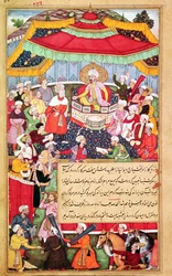 De koning op zijn troon omringd door zijn hovelingen, uit de Baburnama (Herinneringen van Babur) 1530