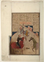 Twee ruiters, een gespietst op een speer, c.1450